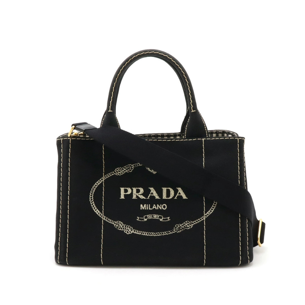 Prada Canapa Tote Bag Handbag Shoulder Canvas Gingham Check NERO Black